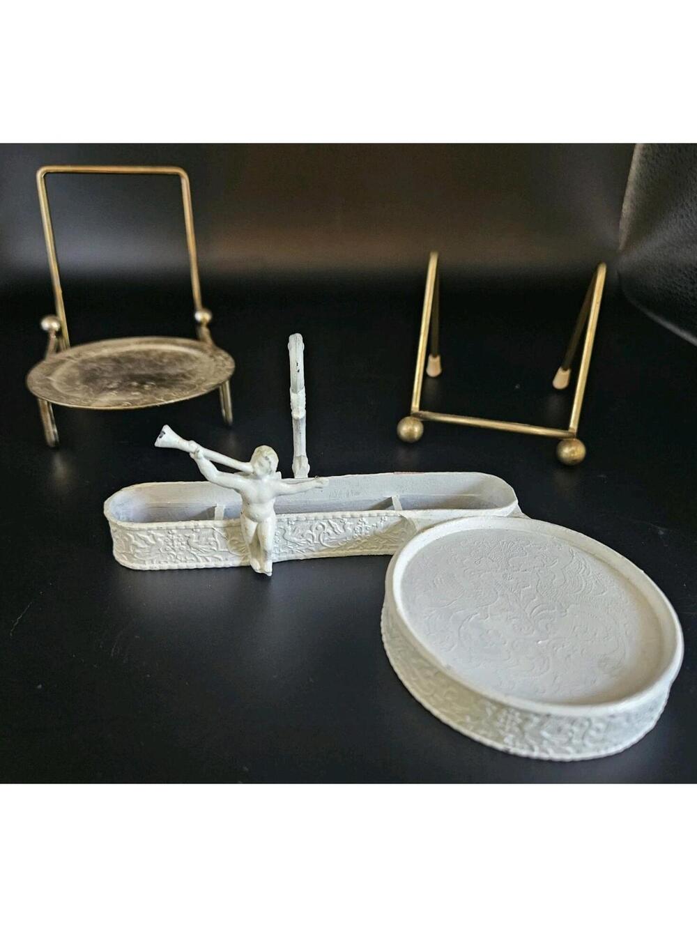 Vintage Lot of 3 Plate Stands 2 Cup & Saucer Displays All Metal / Brass Set Cute